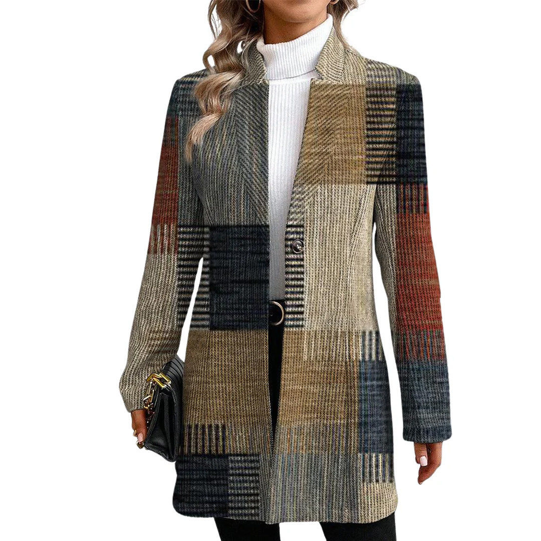 Damen Einreiher Karierter Mantel im Langen Blazer Stil mit Schlanker Silhouette Drune