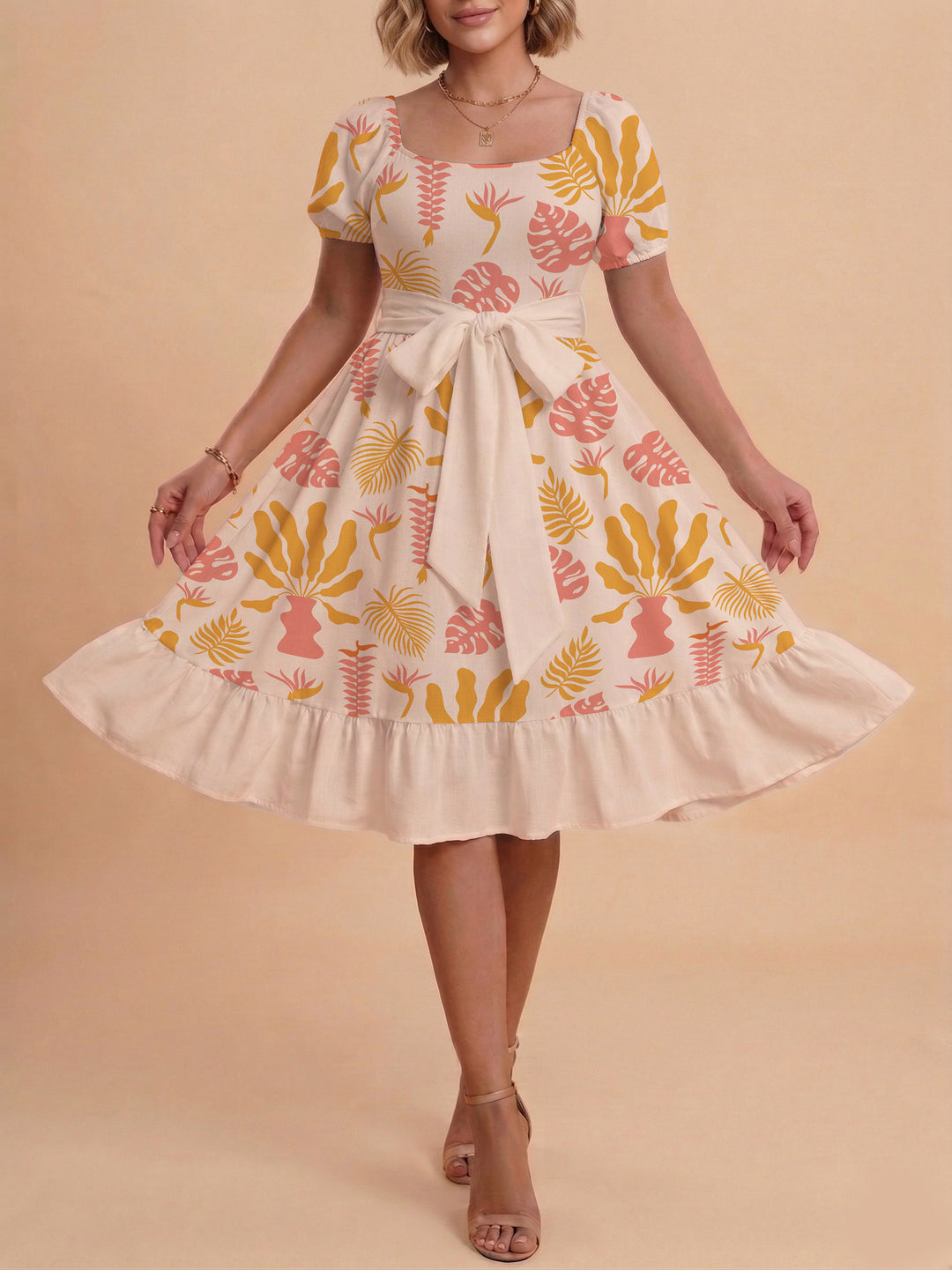 Damen Sommerliches Blumenkleid mit taillierbarem Gürtel und voluminösen Ärmeln Drune