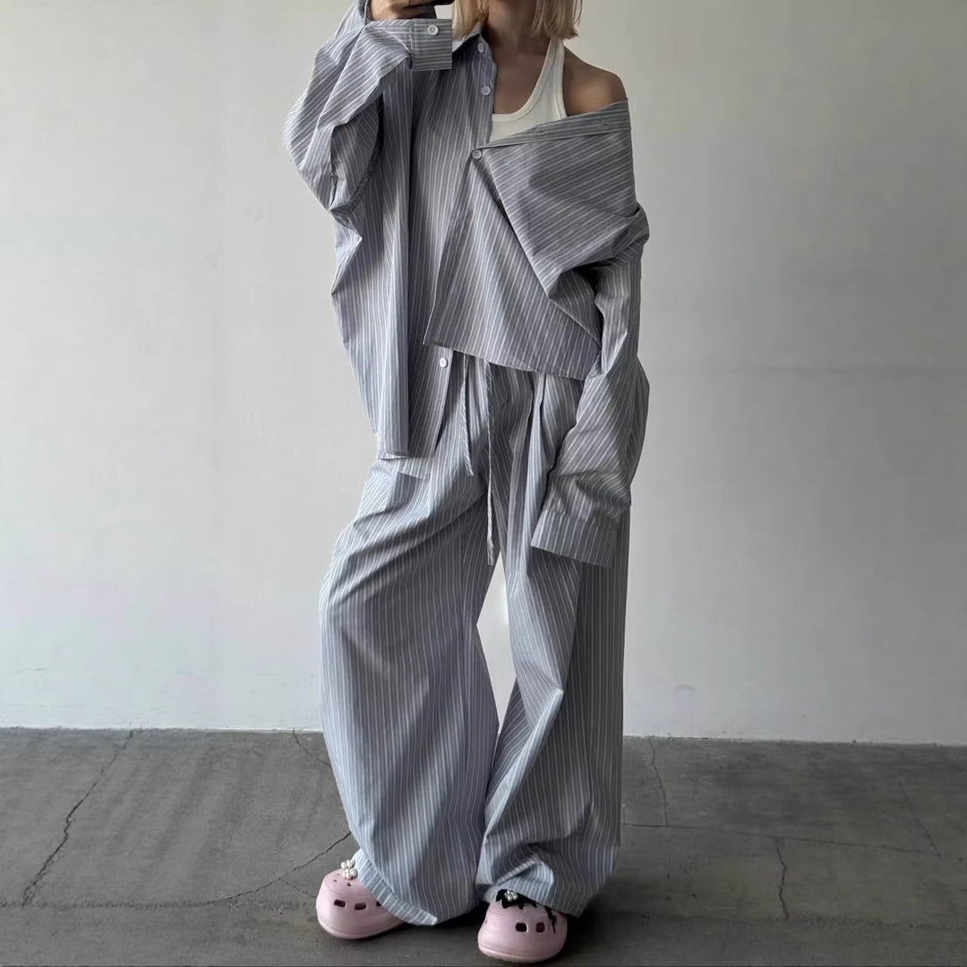 Damen lässiges Zweiteiler-Set mit weiten Hosen und gestreiftem Hemd