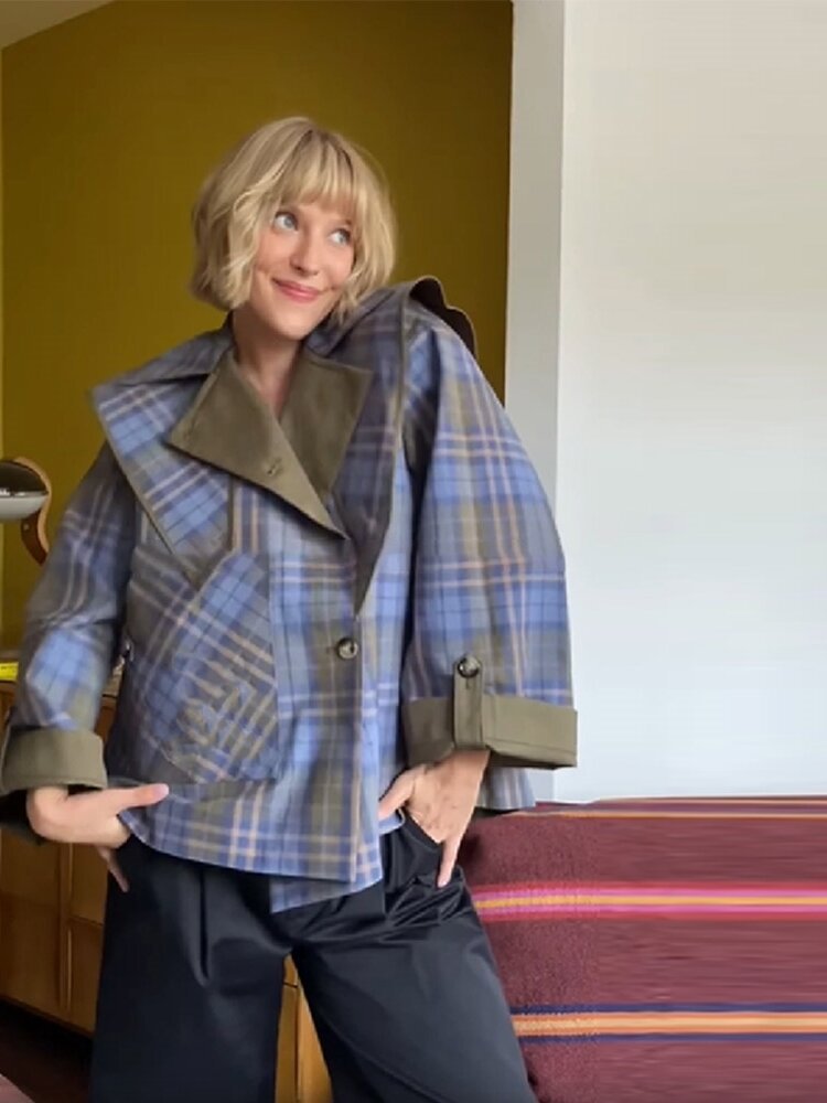 Damen Karierte Überjacke mit weitem Schnitt und klassischen Reverskragen Drune