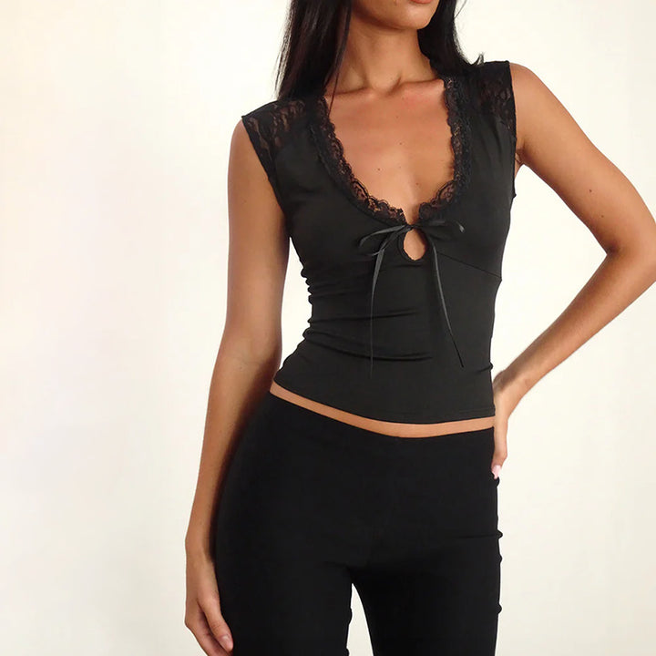 Damen Top mit Spitzenbesatz und raffiniertem Bindedetail Drune