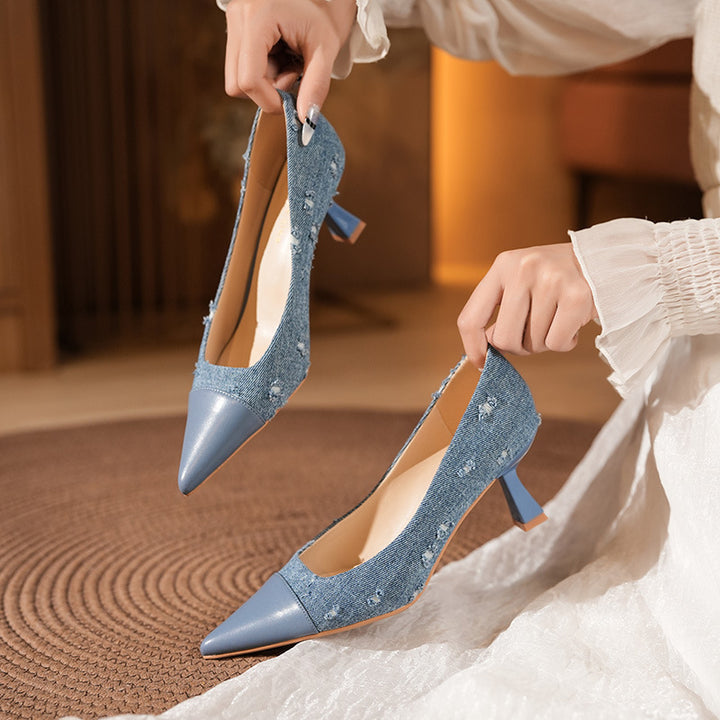 Damen Stylische Denim Spitz-Zehen Absätze Drune