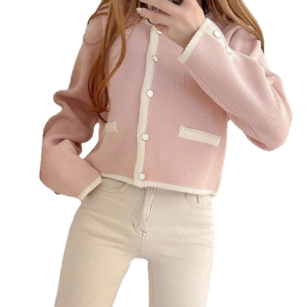 Damen Kurzgeschnittener gerippter Cardigan mit kontrast‑Häkelkante, Zierknopfleiste und Taschenleisten Drune
