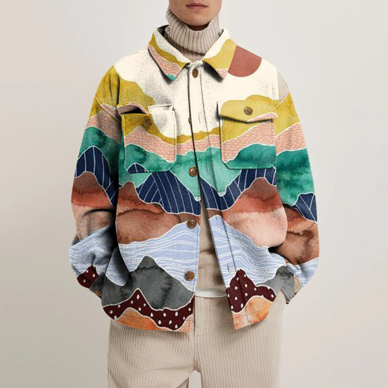 Damen Oversized Wolloptik-Überhemd mit asymmetrischem Vogelprint und Pattentasche Drune