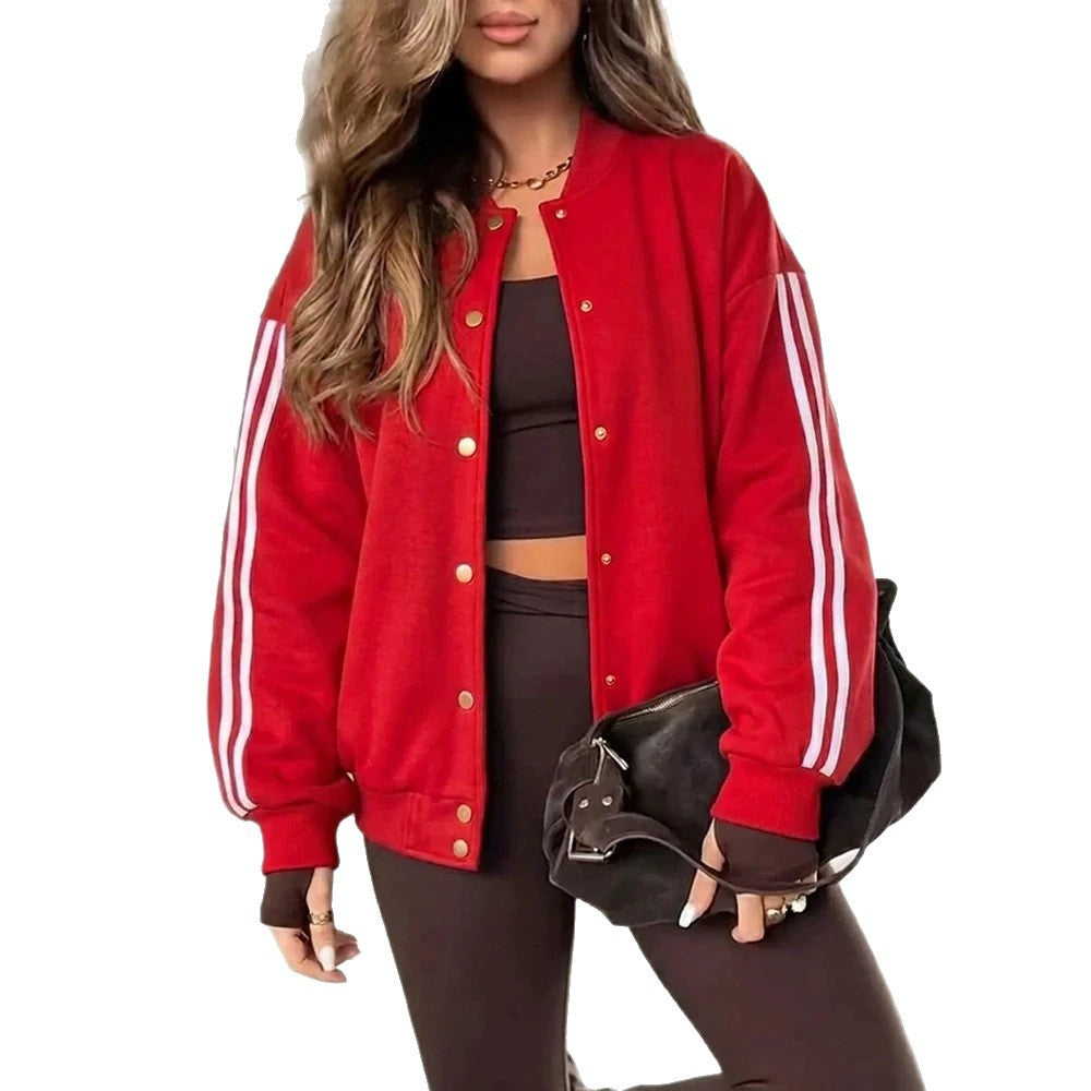 Damen Oversized Collegejacke mit Druckknopfleiste und kontrastierenden Streifenärmeln Drune