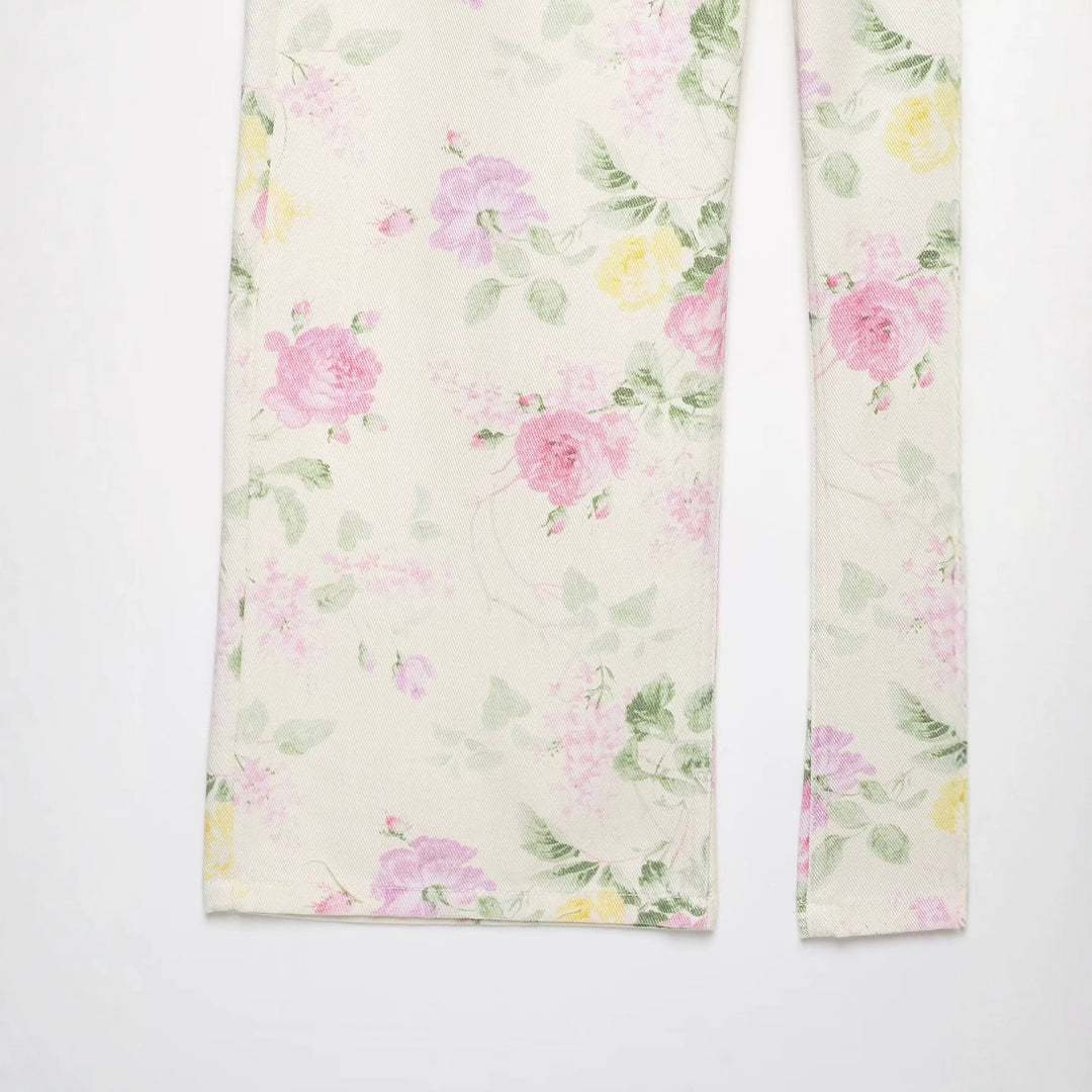 Damen Hochtaillierte weite Jeanshose mit zartem Blumenmuster und Fünftaschen-Schnitt Drune