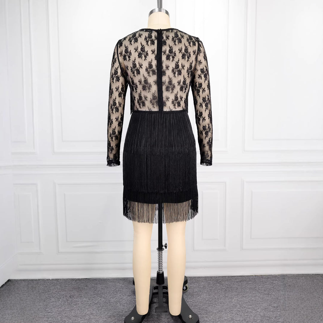 Damen Fransen Cocktailkleid mit Spitze Drune
