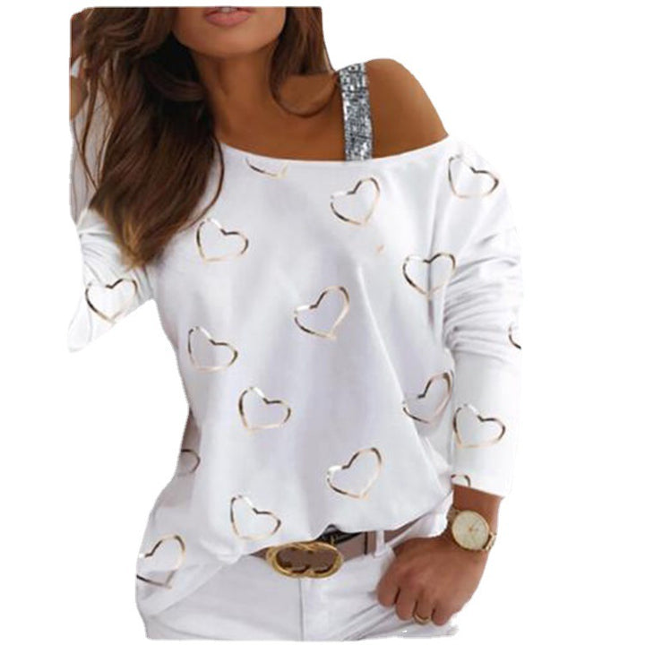 Damen Off-Shoulder Strickpullover mit Herzprint und Paillettenträger Drune