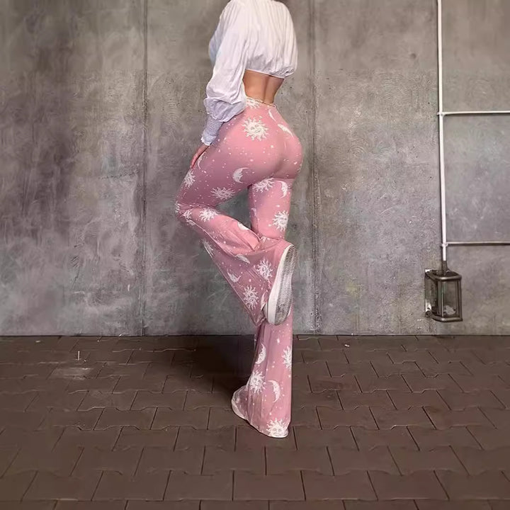 Damen Bootcut-Hose mit künstlerischem Mond- und Sonnen-Design Drune