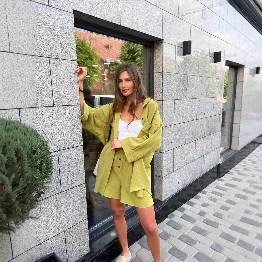 Damen nan lässiges Musselin-Zweiteiler Set mit Oversize-Hemd und elastischer Highwaist-Shorts Drune