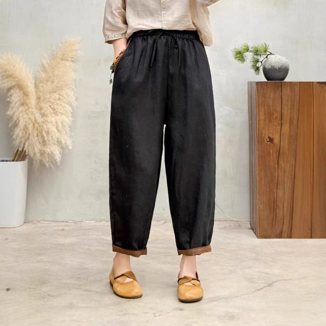 Damen Relaxed Fit Hohe Taille Hose mit verstellbarem Zugband Drune