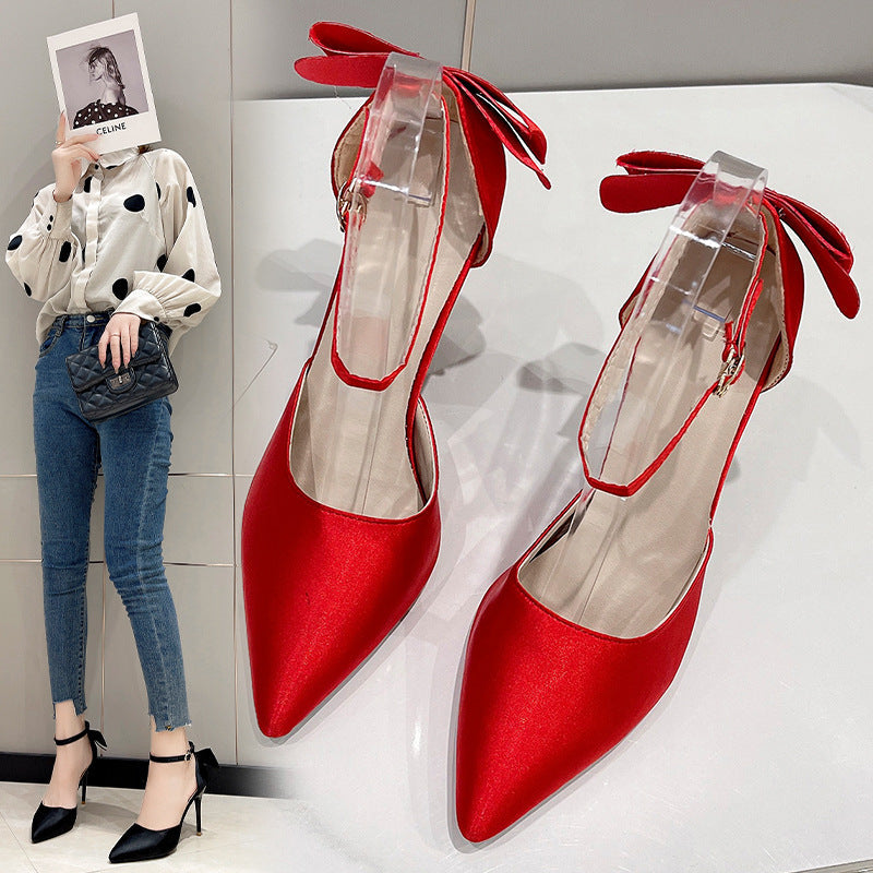 Damen Satin High Heels mit transparentem Riemen und Schleifenapplikation Drune