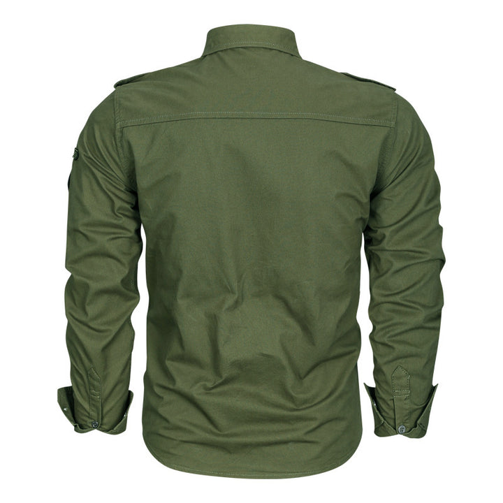 Herren nan tailliertes Fieldhemd aus Baumwoll-Twill mit Schulterklappen, Brustpatten und gestickten Abzeichen Drune