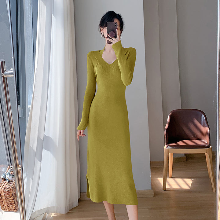 Damen Strickkleid mit V-Ausschnitt und seitlichen Schlitzen Drune
