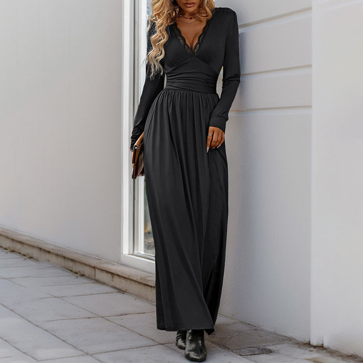 Damen Elegantes Maxikleid mit tiefem V-Ausschnitt und Rüschendetails Drune