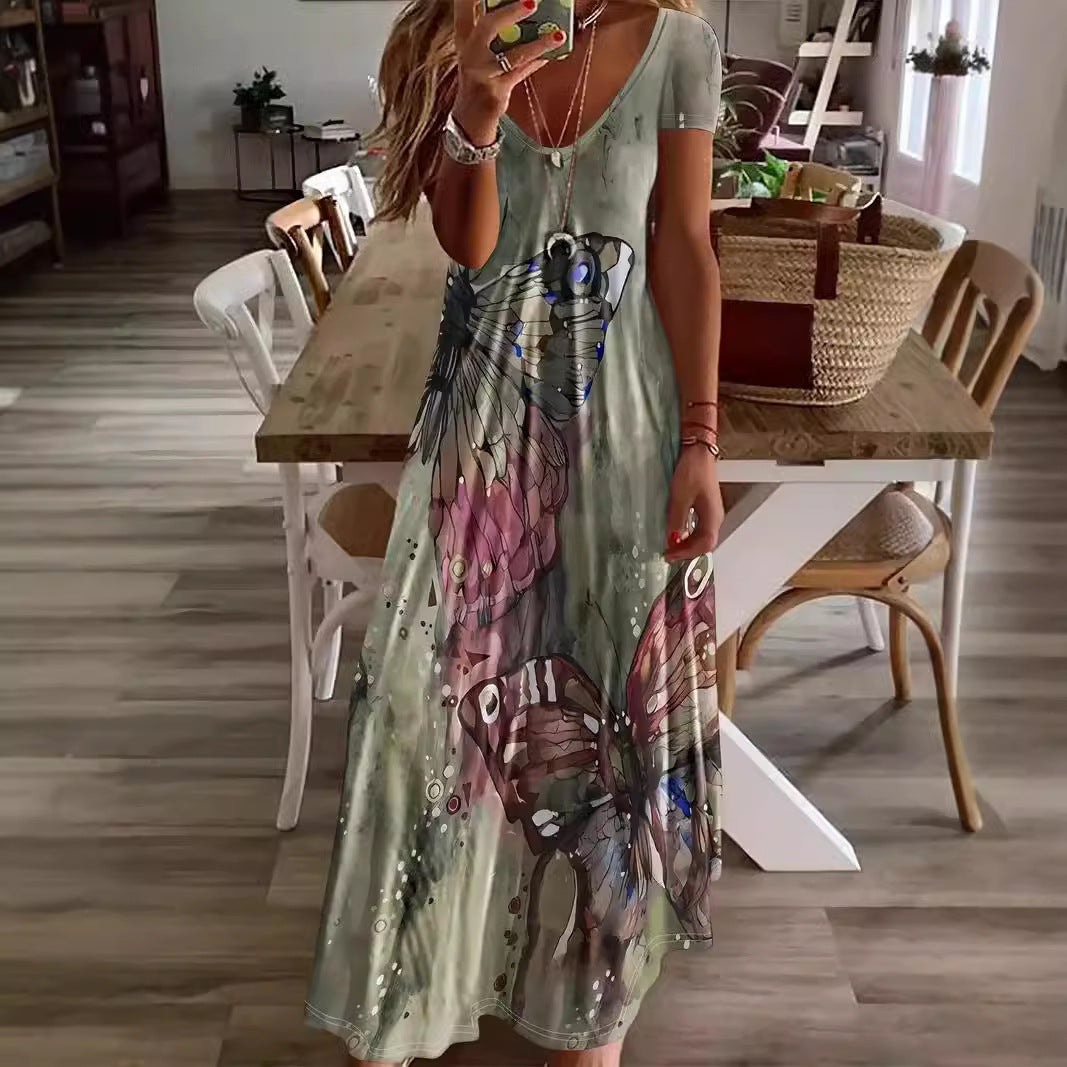 Damen Maxikleid mit floralen Schmetterlingsmotiven und weich fließendem Stoff Drune