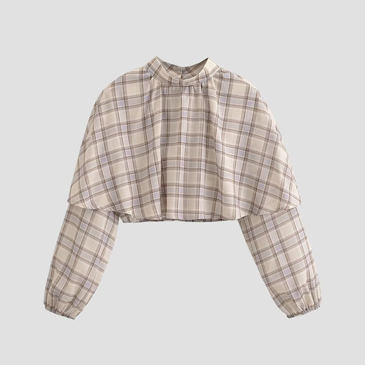 Damen Cropped Cape-Bluse mit Oversize-Ärmeln und hohem Stehkragen Drune