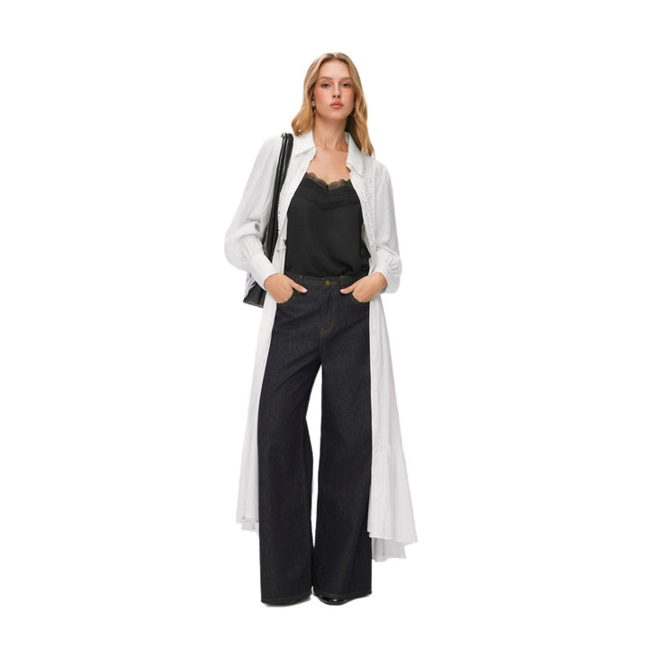 Damen Langes Hemdblusenkleid mit Spitzenbesatz, Taillierung und Stufenrock Drune