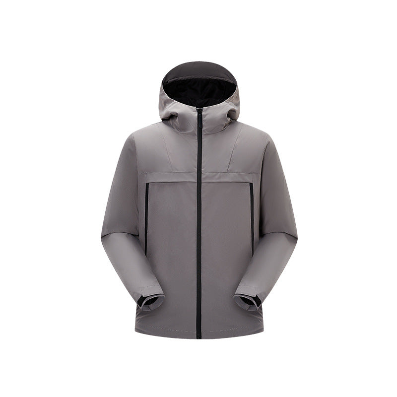 Herren Minimalistische Hybrid‑Regenjacke mit verstaubarer Kapuze und atmungsaktiver Membran Drune