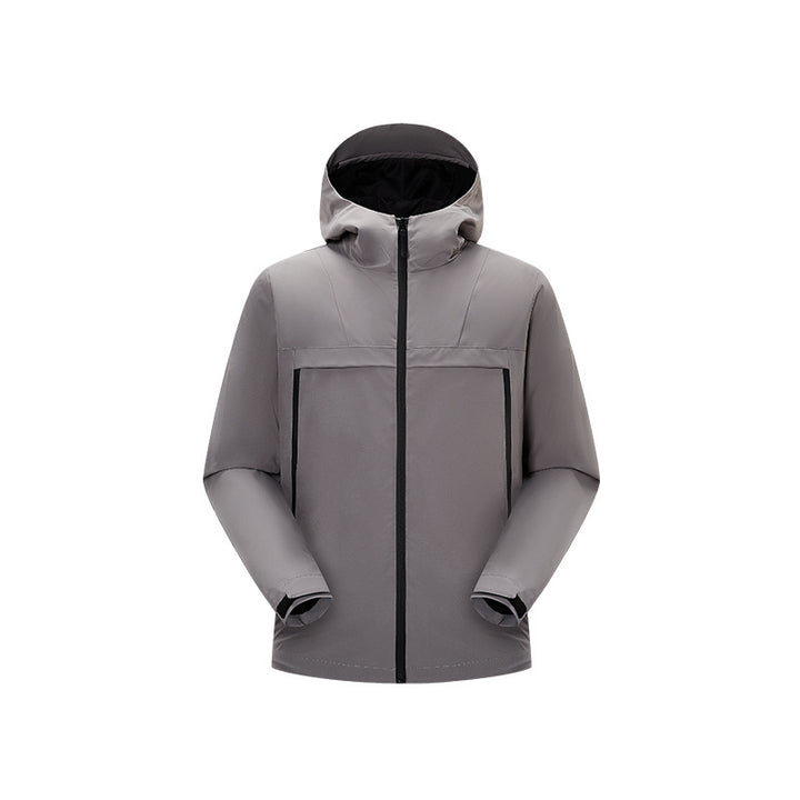 Herren Minimalistische Hybrid‑Regenjacke mit verstaubarer Kapuze und atmungsaktiver Membran Drune