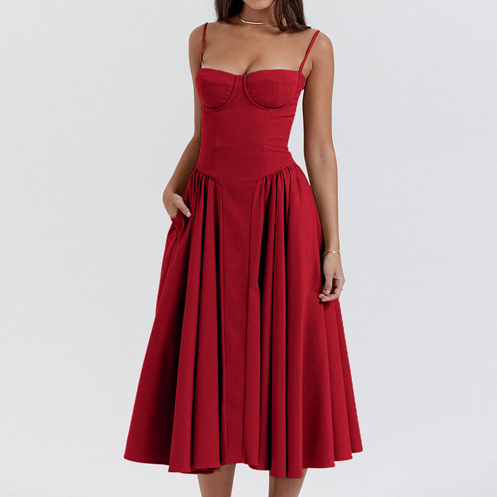 Damen Midi-Kleid mit herzförmigem Ausschnitt und voluminösem Rock Drune