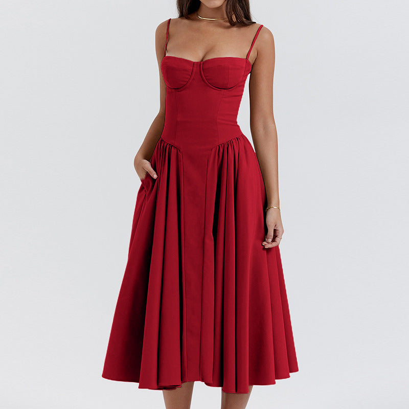 Damen Midi-Kleid mit herzförmigem Ausschnitt und voluminösem Rock Drune