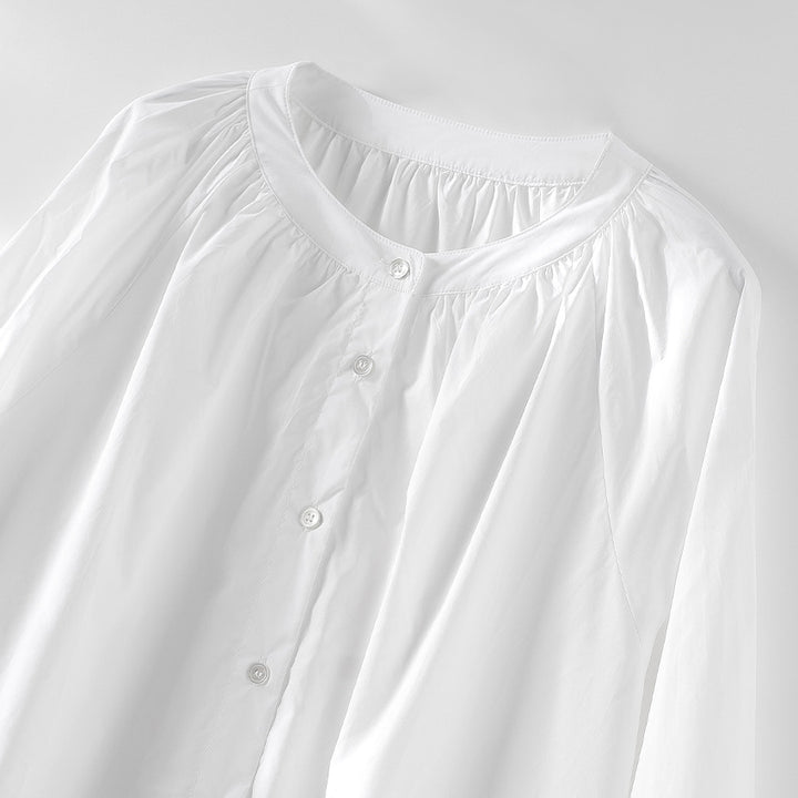 Damen Bluse mit gerafftem Rundhalsausschnitt und durchgehender Knopfleiste Drune