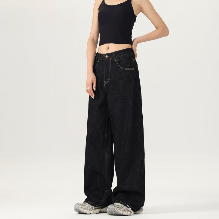 Damen Weite tiefsitzende Baggy-Denimhose im Marlene-Stil mit Kontrastnähten Drune