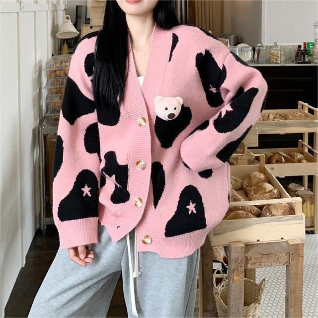 Damen verspielte Strickjacke mit Bärenapplikation Drune