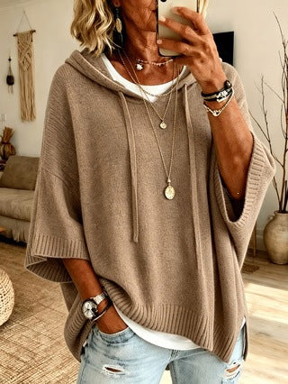 Damen nan Oversize Strickponcho mit Kapuze und kurzen Ärmeln Drune
