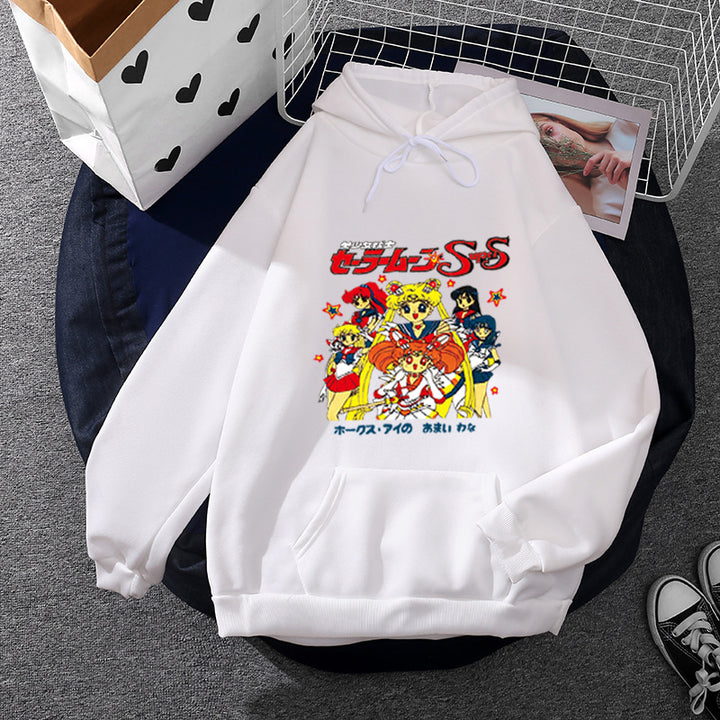 Damen nan Oversize-Kapuzenpullover mit gerautem Fleecefutter, Retro‑Anime‑Print und Kängurutasche Drune