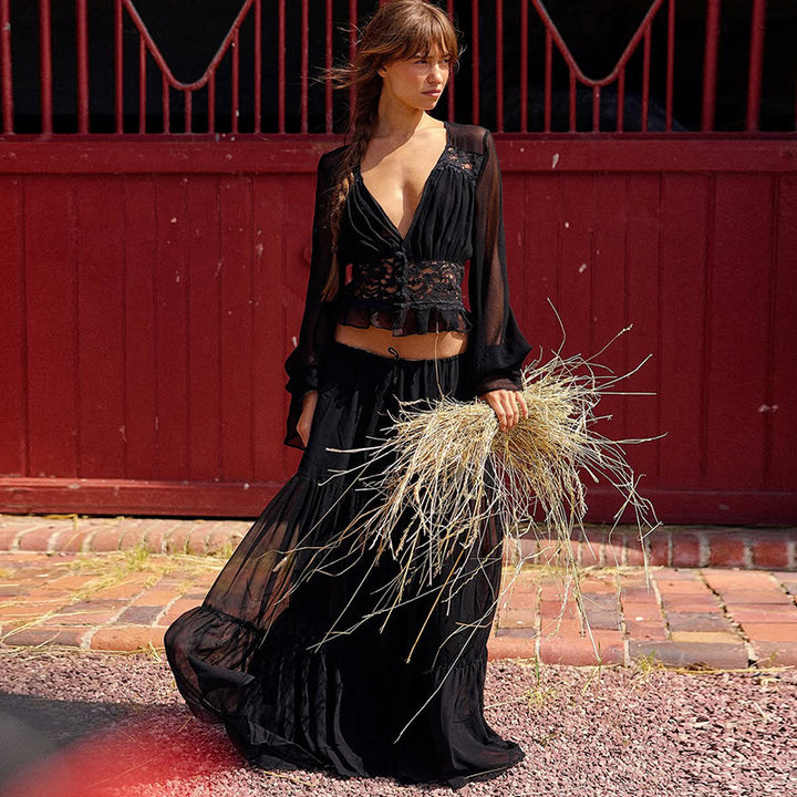 Damen Zweiteiliges Maxi-Kleid mit transparentem Oberteil und elastischem Bund Drune