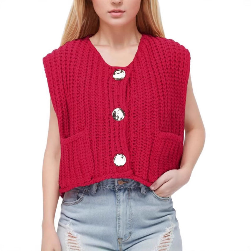 Damen Strickweste mit praktischen Taschen und dekorativen Holzknöpfen Drune