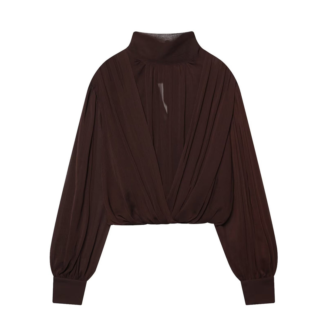 Damen Kurzgeschnittene Wickelbluse mit Stehkragen und voluminösen Ballonärmeln Drune