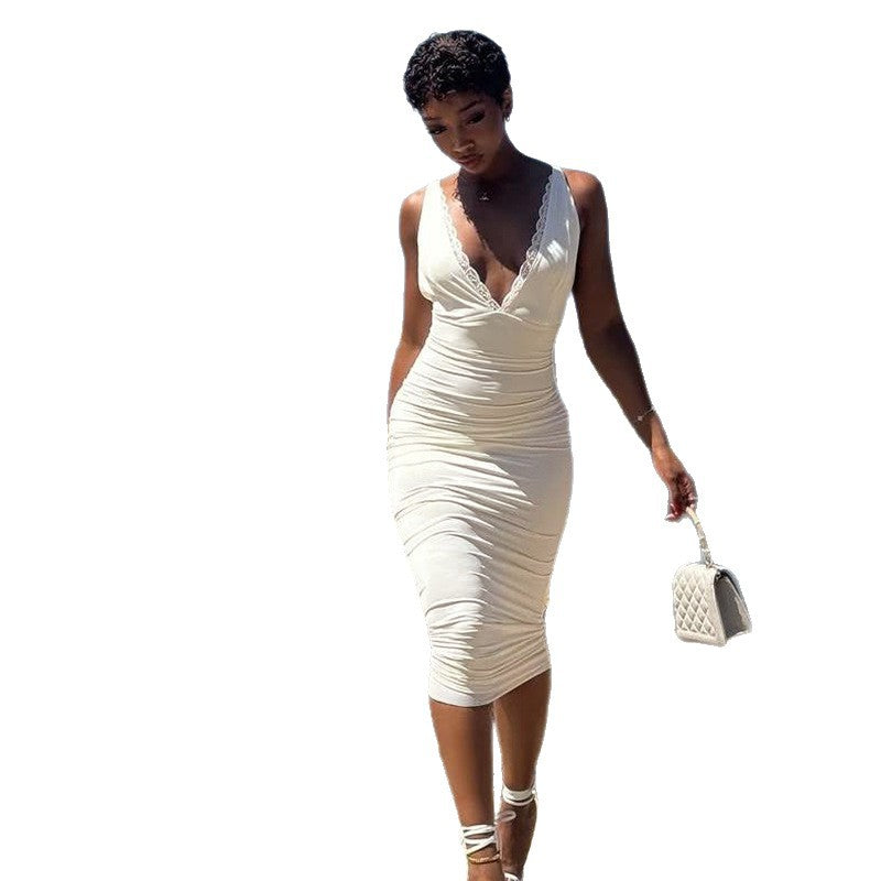 Damen figurbetontes Midikleid mit tiefem V-Ausschnitt und transparentem Rock Drune