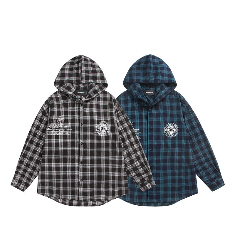 Unisex Kariertes Kapuzen-Overshirt aus Flanell mit Logostickerei und Oversize-Schnitt Drune