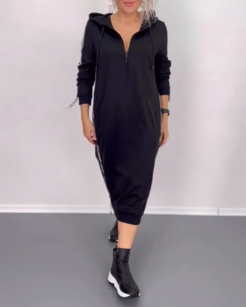 Damen nan knöchellanges Kapuzen-Sweatkleid mit Halbzip, Kängurutaschen und seitlicher Zierpaspel Drune