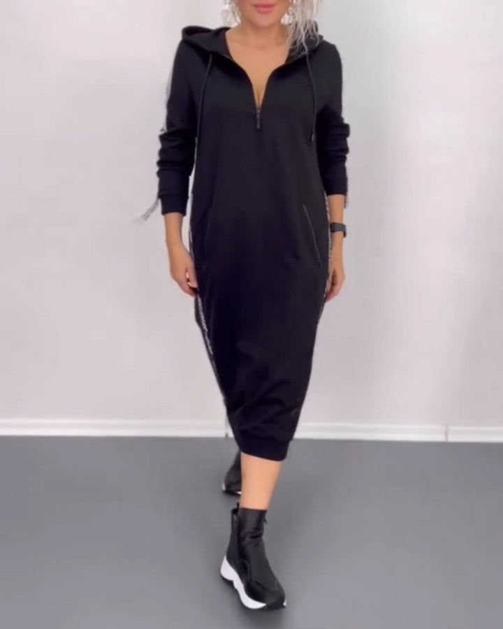 Damen nan knöchellanges Kapuzen-Sweatkleid mit Halbzip, Kängurutaschen und seitlicher Zierpaspel Drune