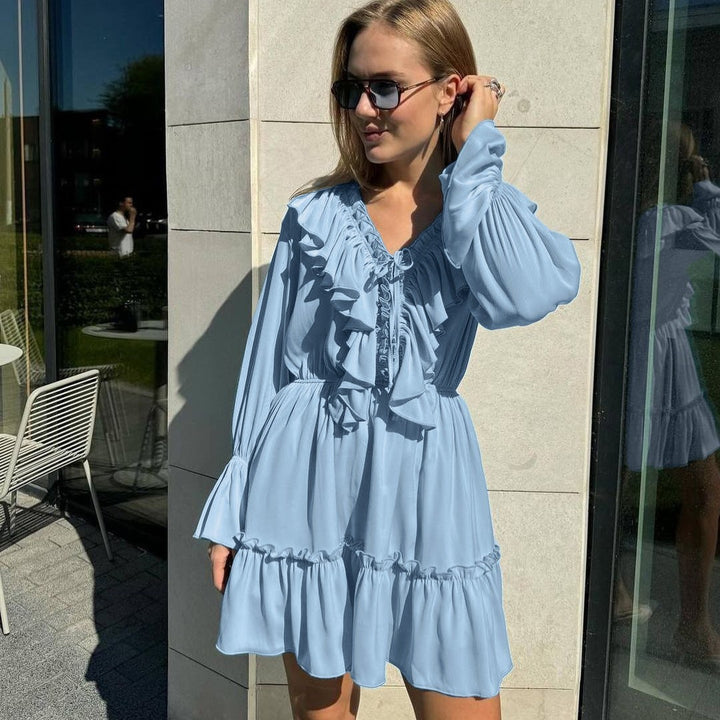 Damen Verspieltes Rüschen-Kurzkleid mit V-Ausschnitt, geraffter Taille und Stufensaum Drune