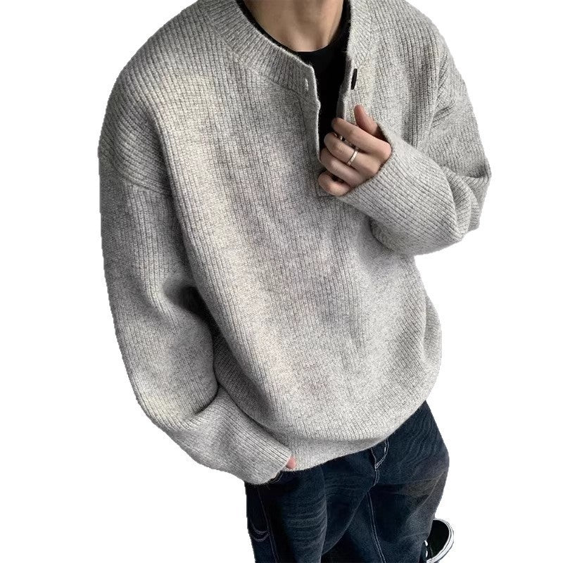 Herren Oversized Strickpullover mit Dreiknopf-Henleypasse Drune