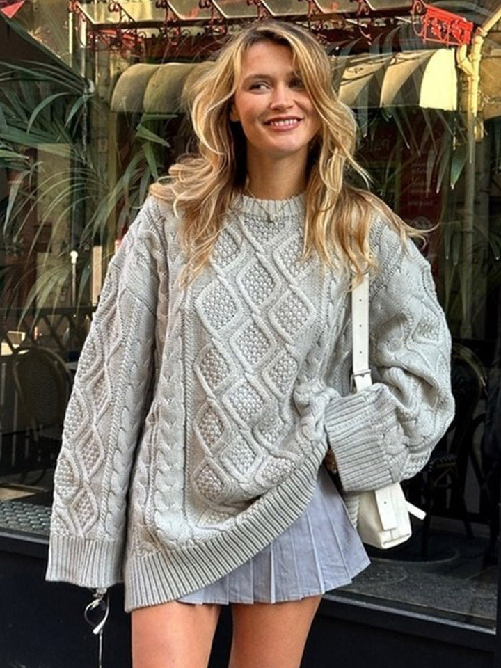 Damen Oversize Strickpullover mit Zopfmuster und Rippbündchen Drune