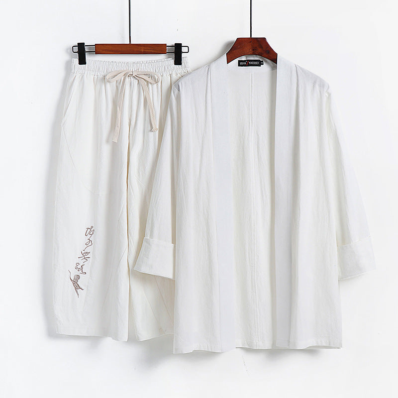 Damen Kimono-Set aus leichter Baumwollmischung offene Jacke mit lässig gekrempelten Ärmeln und weiter Haremshose mit Kordelzug Drune