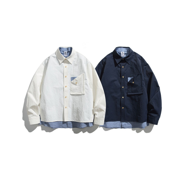 Herren Boxy-Overshirt im Layer-Look mit kariertem Innenfutter, Brusttasche und Holzknöpfen Drune