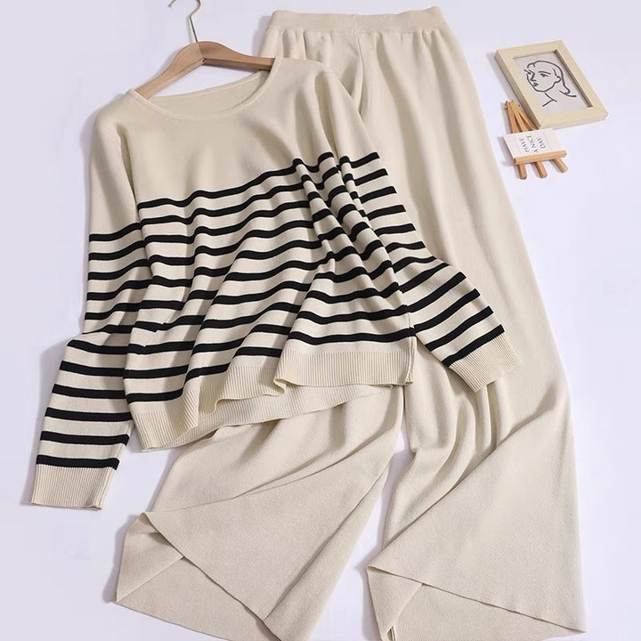 Damen gemütliches Strick-Loungewear-Set mit Streifenmuster Drune