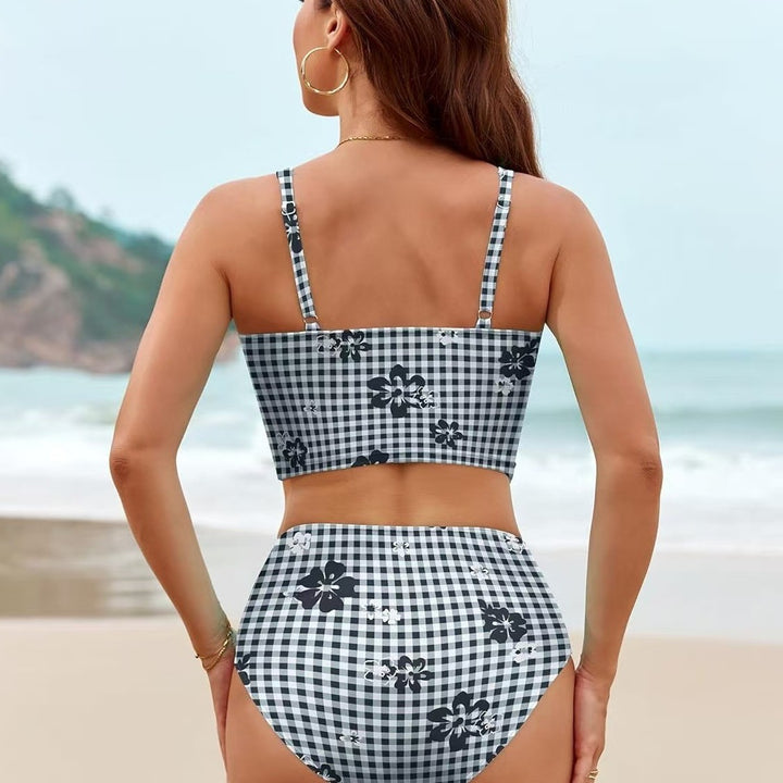 Damen Hochtailliertes Bikini-Set mit modischem Karomuster und Blumenakzenten Drune