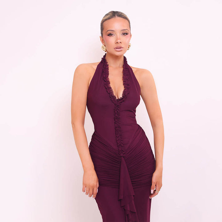Damen Maxikleid mit tiefem V-Ausschnitt und elegantem Rüschendesign Drune