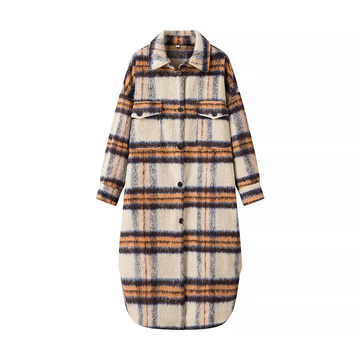 Damen Modischer Oversized-Wollmantel mit Karomuster Drune