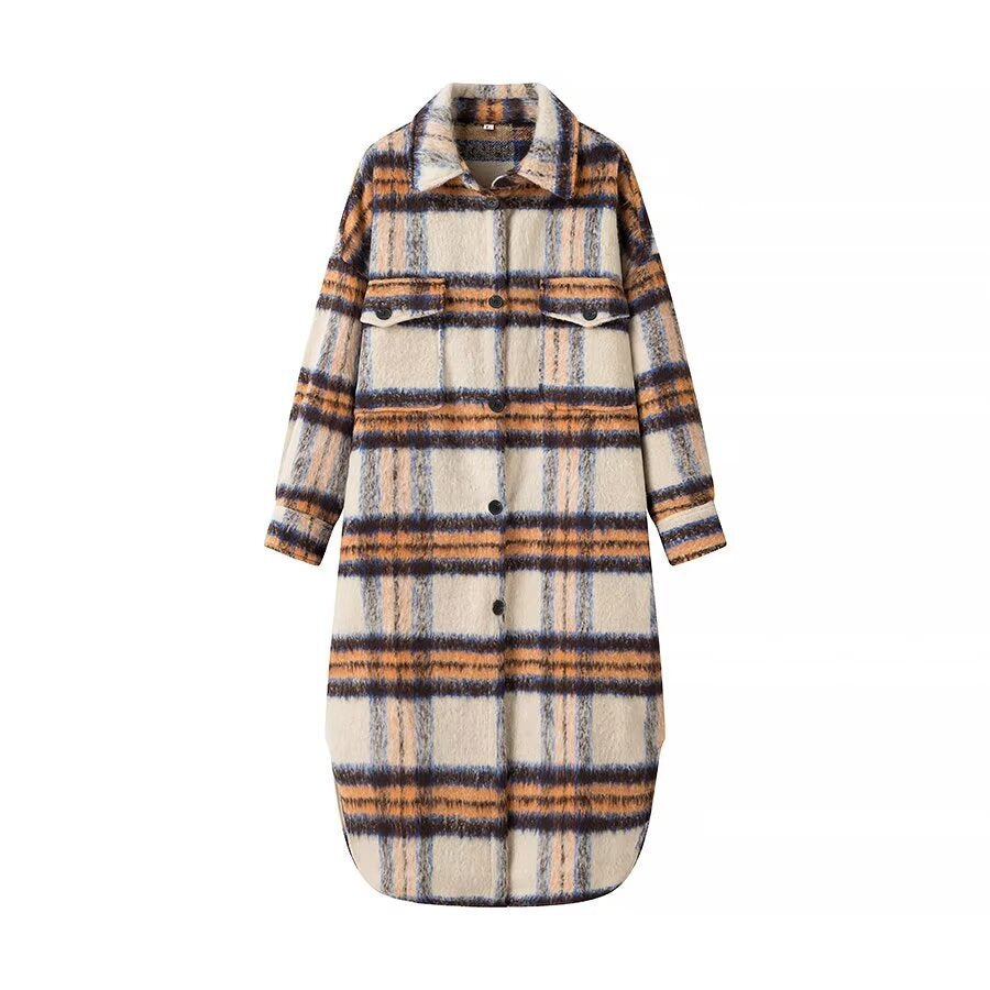 Damen Langer karierter Teddy‑Mantel in Shirtjacken‑Optik mit Hemdkragen und aufgesetzten Taschen Drune
