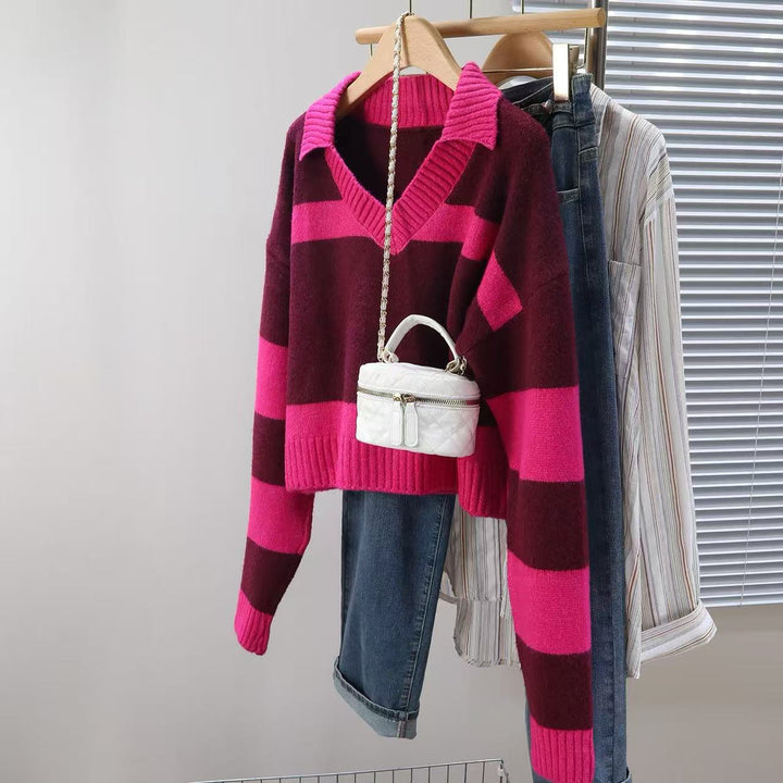 Damen Strickpullover mit tiefem V-Ausschnitt und gestreiftem Design Drune