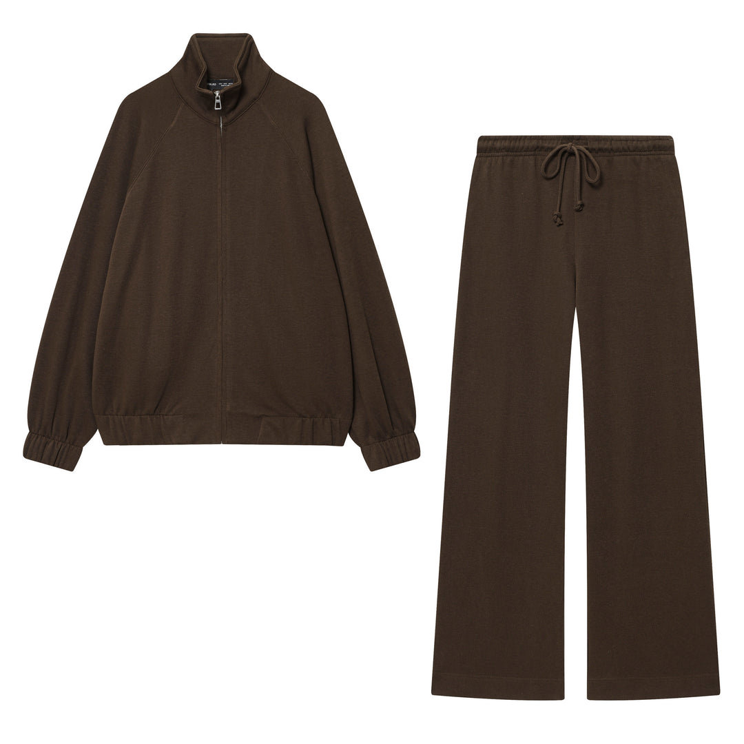 Damen nan loungiges Sweatsuit-Zweiteiler mit Reißverschluss-Stehkragen, elastischem Saum und weitem Highwaist-Hosenbein Drune